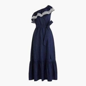 J. Crew Navy One-Shoulder Maxi Dress with White Trim and Waist Tie